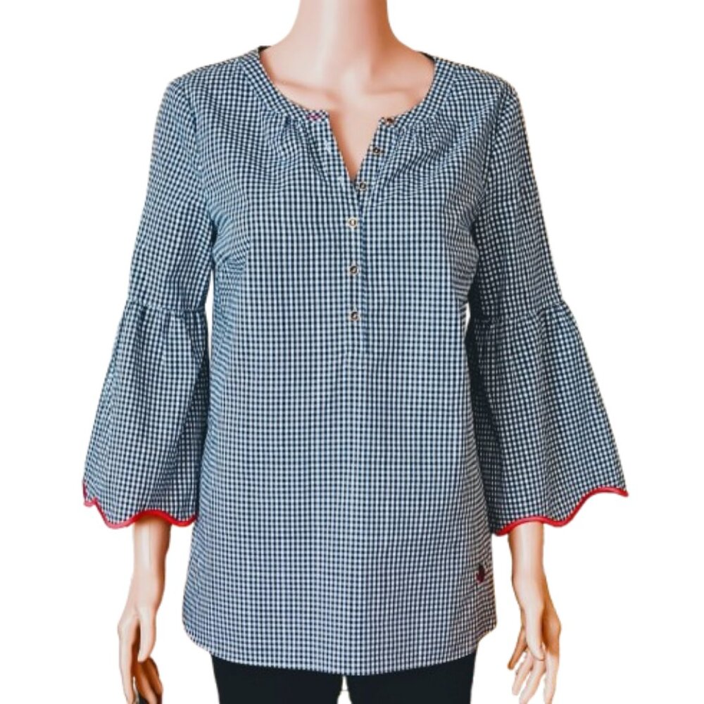Talbots Gingham Embroidered Ladybug Top S Black White 3/4 Scalloped Bell Sleeve